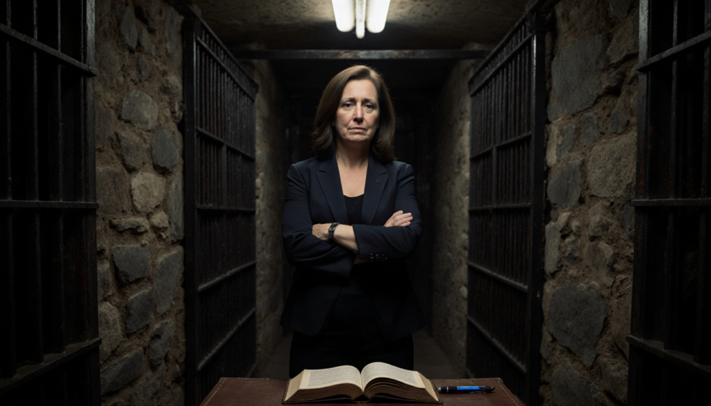 Tina Peters in a prison cell with leather-bound book open beside pen and expression shows sadness and defiance