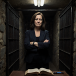 Tina Peters in a prison cell with leather-bound book open beside pen and expression shows sadness and defiance