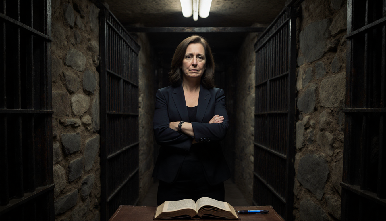 Tina Peters in a prison cell with leather-bound book open beside pen and expression shows sadness and defiance
