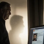 John standing near a dim computer screen with Reddit post and blurred police window hinting breakthrough hope