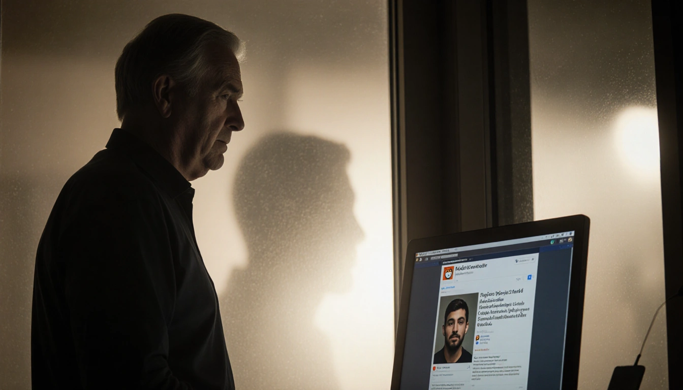 John standing near a dim computer screen with Reddit post and blurred police window hinting breakthrough hope