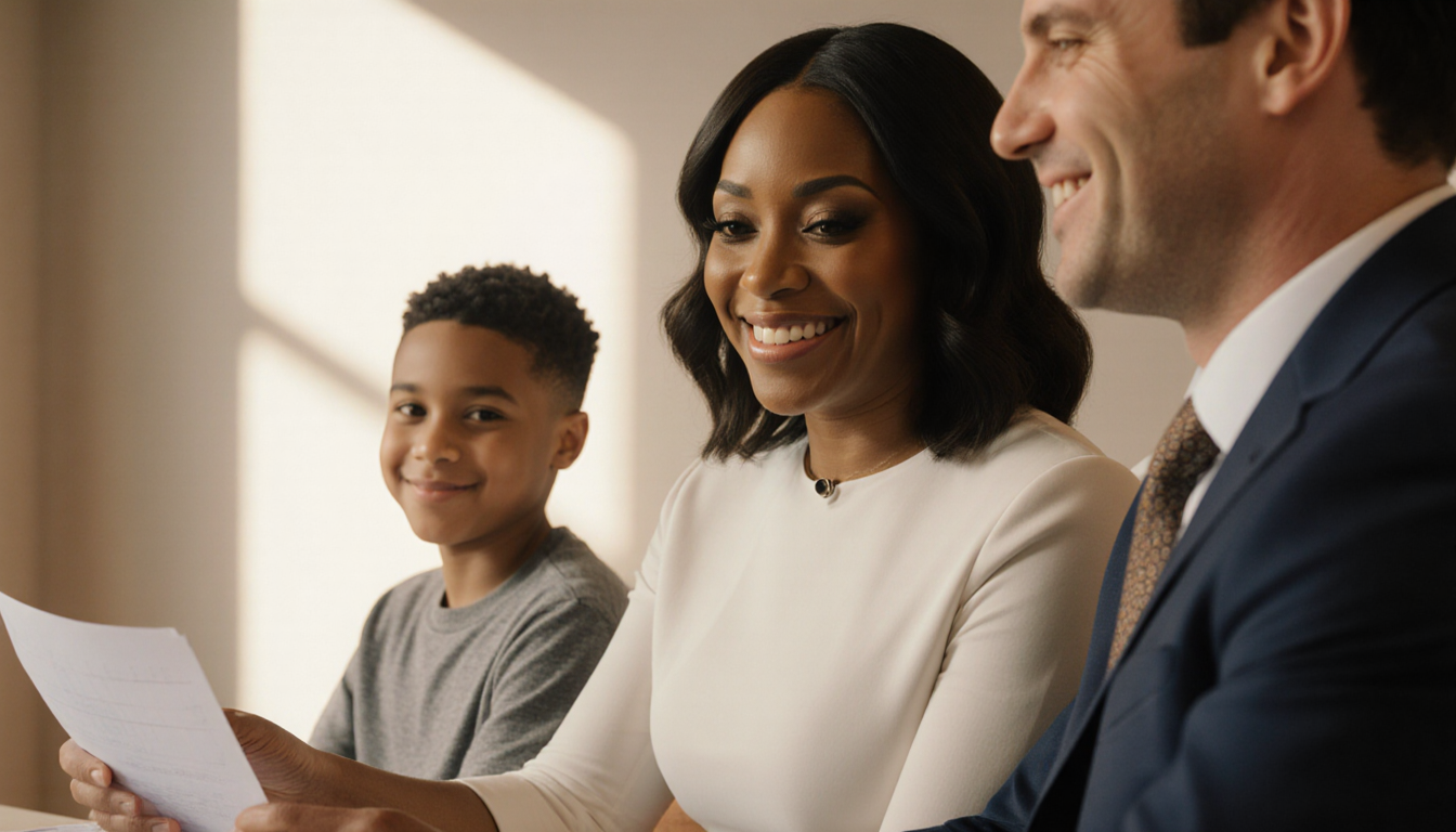Sheinelle Jones smiling with her 16-year-old son in a warm studio setting.