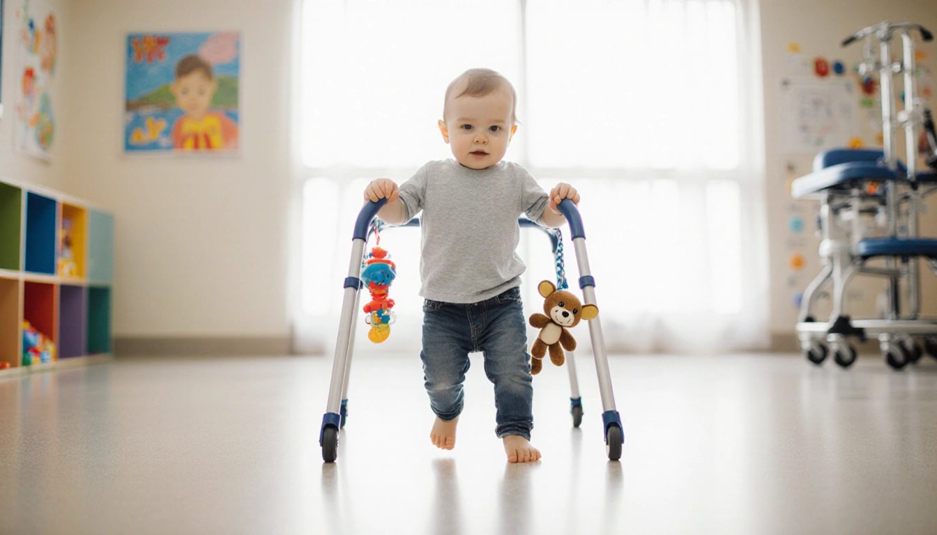 Toddler taking first steps with walker and holding stuffed animal in bright pediatric rehab room at Children