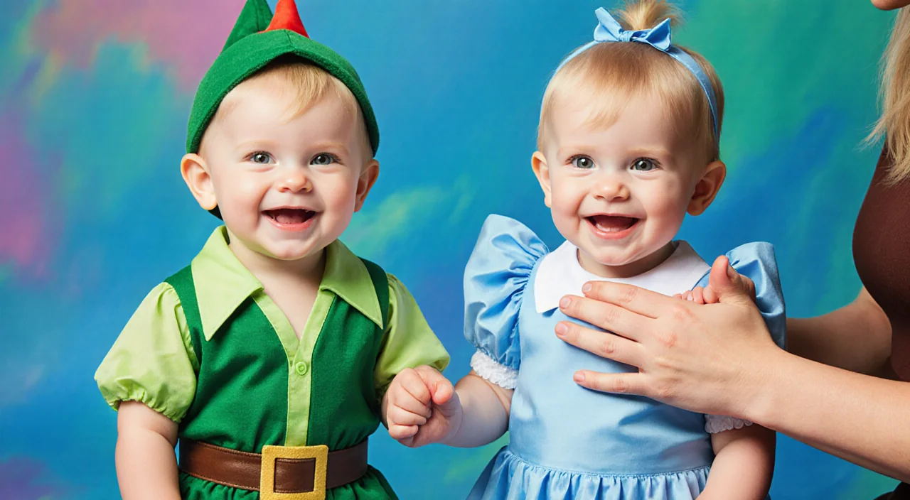 Two toddler boys dressed as Peter Pan and Wendy holding each other's hand with bright smiles against a colorful background.