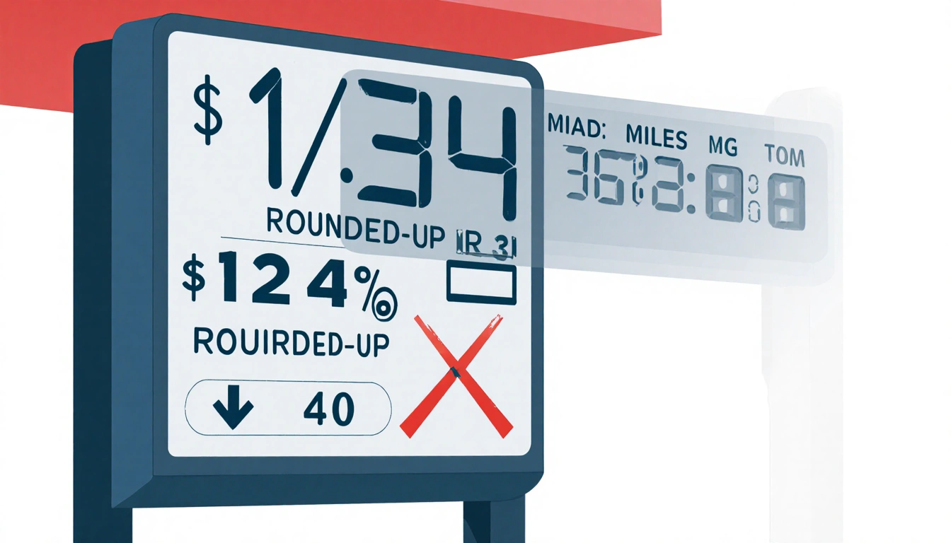 Toll booth screen showing rounded-up toll rate with 4% increase icon and background distance counter crossed out.