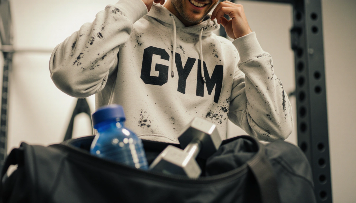 Tom Brady relaxing with hoodie showing bold Gym text and a gym bag with dumbbells