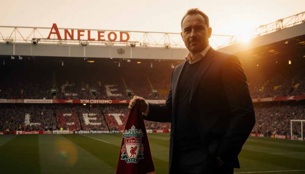 Tom Hicks standing in front of a soccer stadium with Liverpool