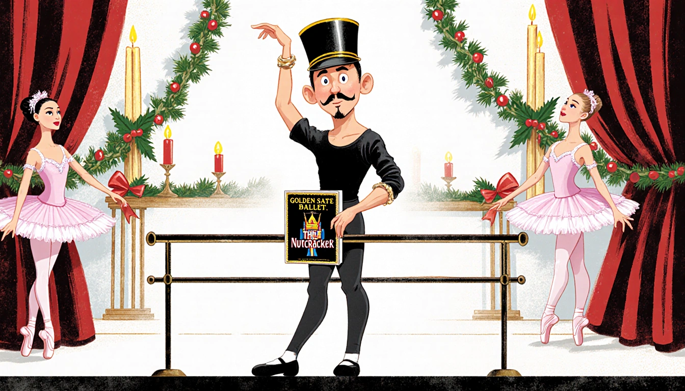 Tony Hawk on stage in a ballet costume holding a ballet barre with Golden State Ballet Nutcracker program and partner