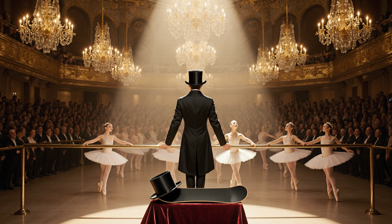 Tony Hawk stands poised at a ballet stage with a top hat, golden chandeliers, and a velvet pedestal