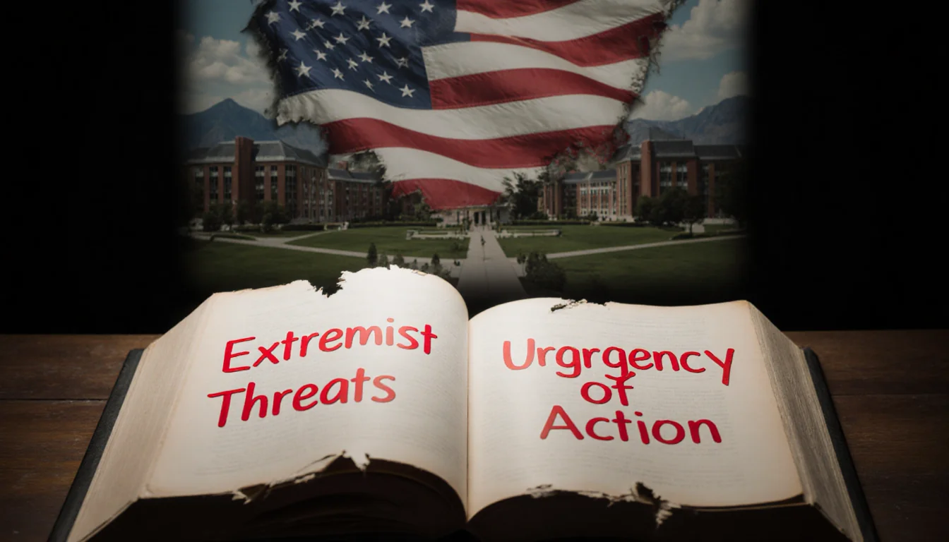Torn book shows red ink phrases Extremist Threats and Urgency of Action with a faint flag above and blurred campus behind.