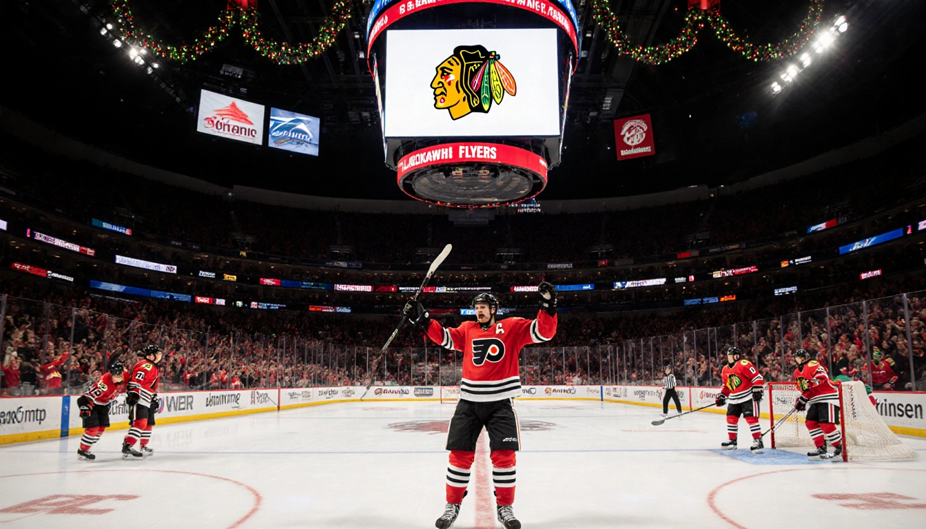 Flyers player lifts stick in victory on holiday-lit hockey ice with scoreboard showing Flyers logo