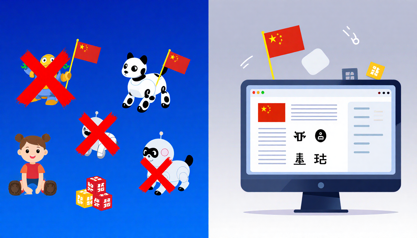 Split-screen shows toys marked with red Xs beside a computer screen flashing cryptic Communist symbols with a gradient.
