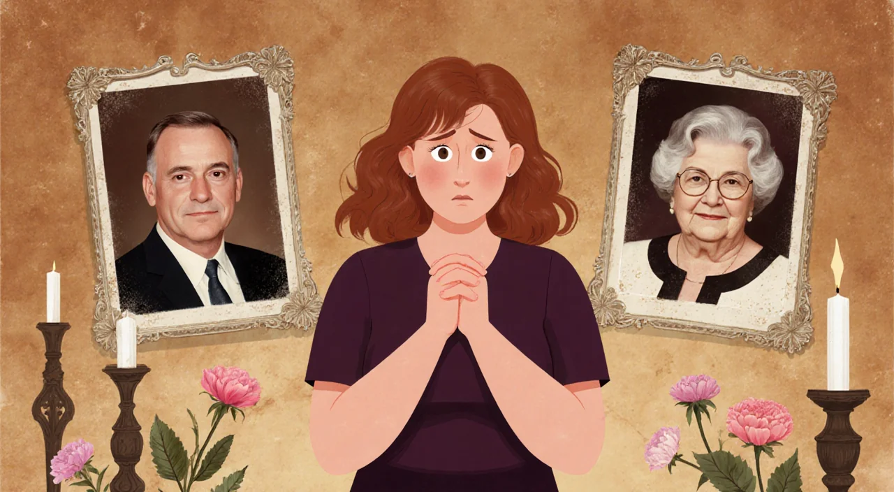 Tracy Reiner standing with hands clasped showing grief with warm background and candles beside family photos