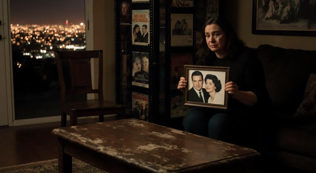 Tracy Reiner holding a framed photo with tears and a dimly lit LA living room and city lights fading
