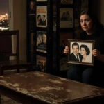 Tracy Reiner holding a framed photo with tears and a dimly lit LA living room and city lights fading