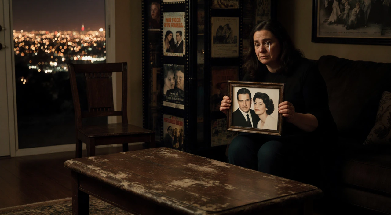 Tracy Reiner holding a framed photo with tears and a dimly lit LA living room and city lights fading