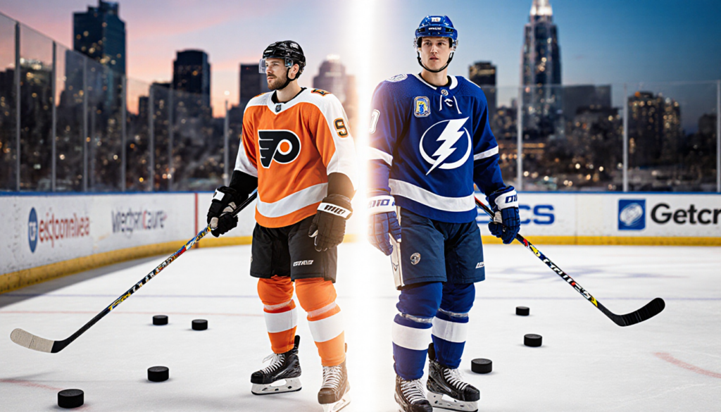 Roman Schmidt and Ethan Samson stand together in Flyers and Lightning jerseys with glowing trade light over pucks near skylin