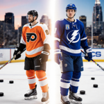 Roman Schmidt and Ethan Samson stand together in Flyers and Lightning jerseys with glowing trade light over pucks near skylin