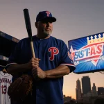 Dusty Baker stands in front of sunset skyline with bat and glove while a TV screen shows ESPN interview.