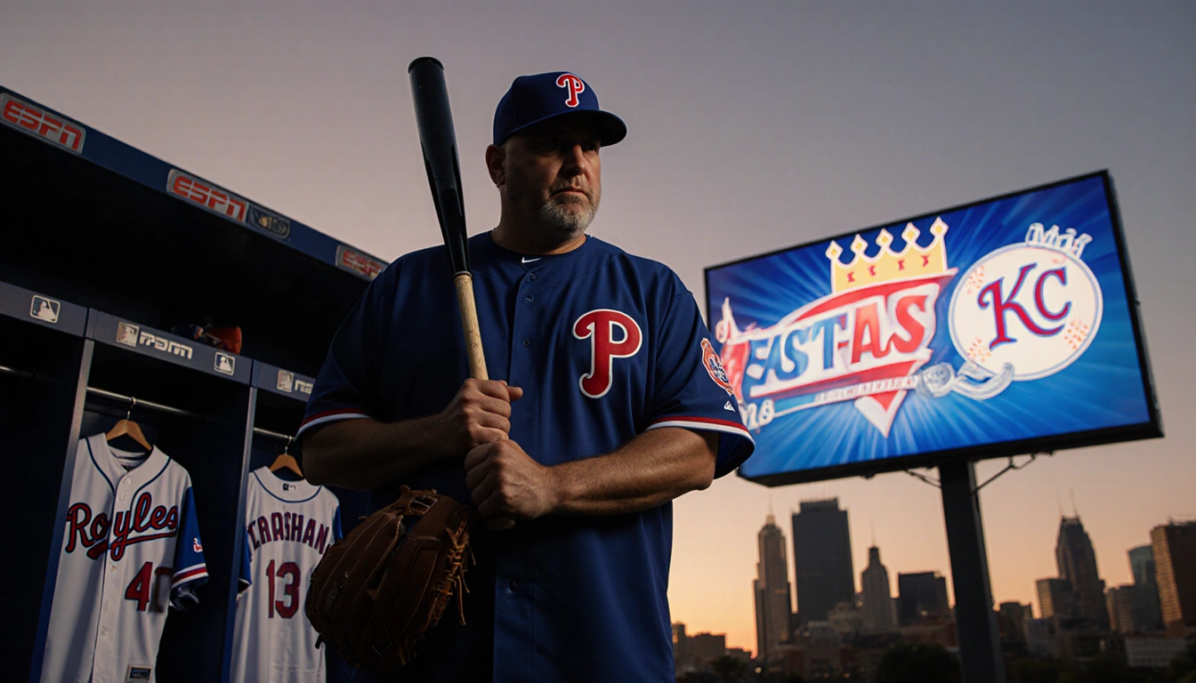 Dusty Baker stands in front of sunset skyline with bat and glove while a TV screen shows ESPN interview.
