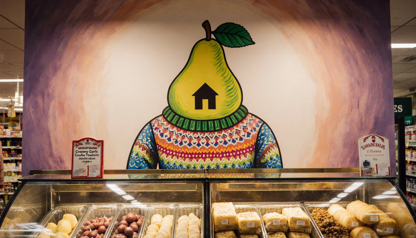 Stylized pear wearing sweater swirling above Trader Joe