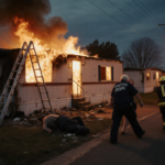 Paramedics carrying a 75‑year‑old woman away from a burning trailer park unit at dusk with orange streetlights.