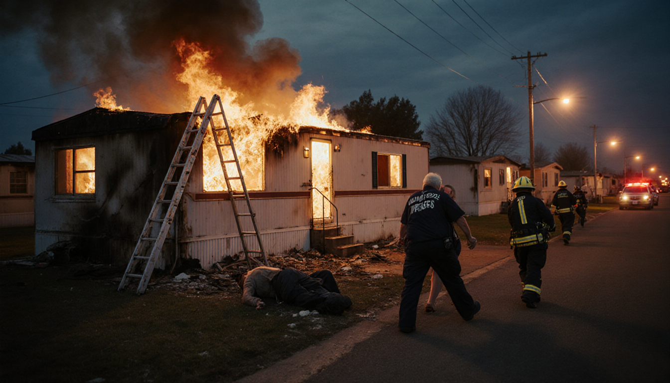 Paramedics carrying a 75‑year‑old woman away from a burning trailer park unit at dusk with orange streetlights.