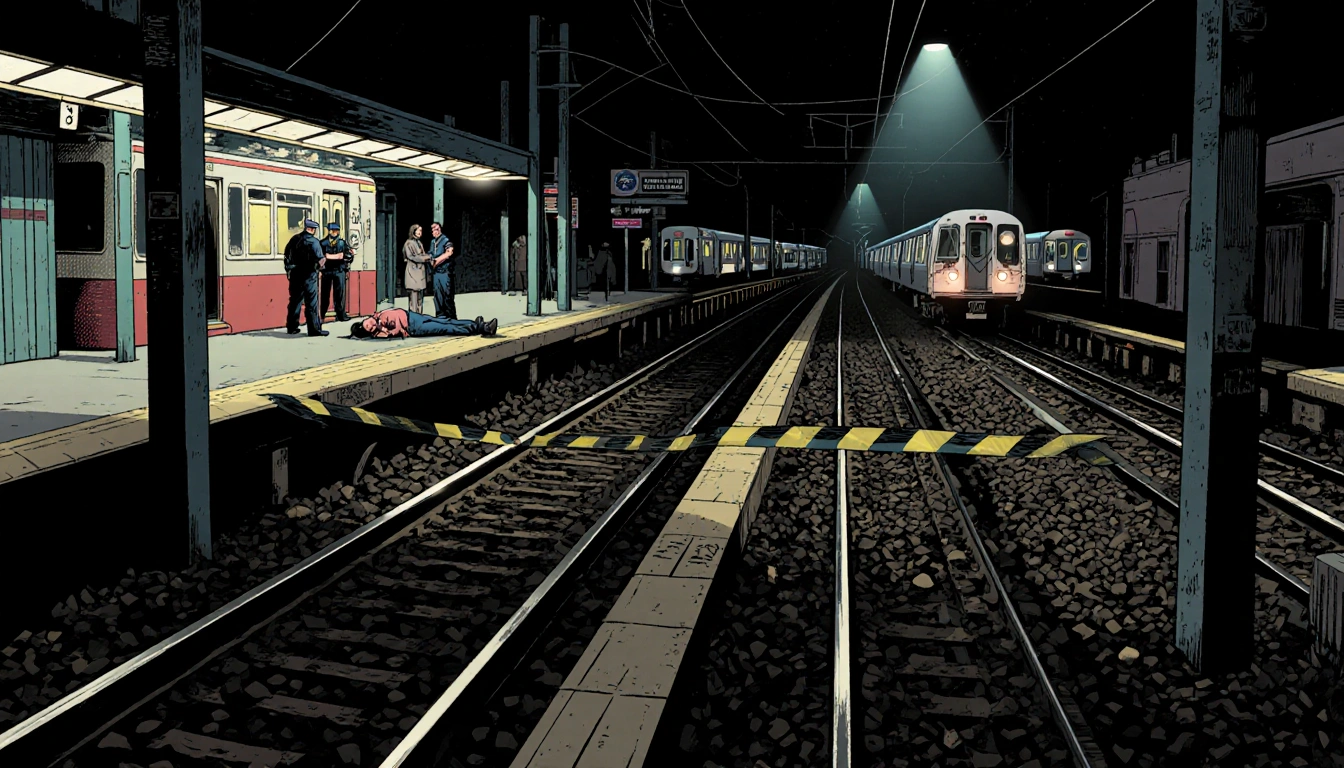 Lifeless woman lies on platform at Melrose Park station with suspended tracks and emergency responders near spotlight.