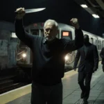 A 50-year-old man raises arms to defend himself with nighttime train platform and fleeing suspects on westbound train