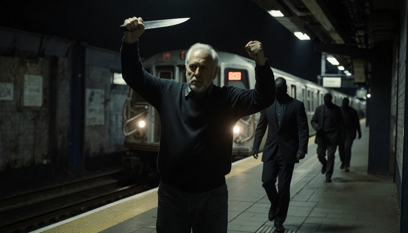A 50-year-old man raises arms to defend himself with nighttime train platform and fleeing suspects on westbound train