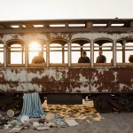 Worn tramcar undergoing restoration with warm sunlight on rusty frame and restorers inside window and nostalgic boardwalk pro