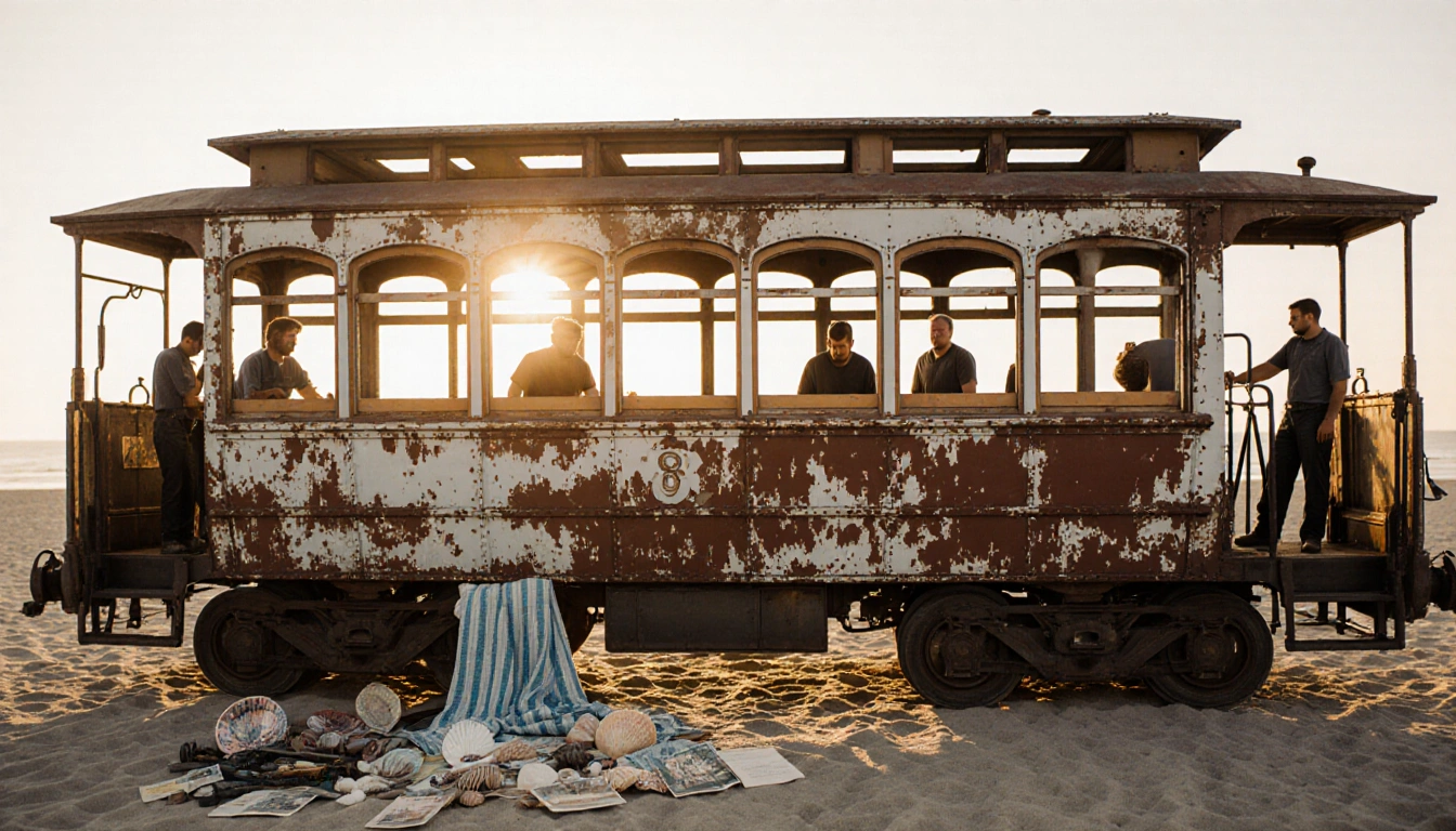 Worn tramcar undergoing restoration with warm sunlight on rusty frame and restorers inside window and nostalgic boardwalk pro