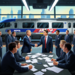Union members shaking hands with SEPTA officials at a table with papers and a sleek train engine gleaming in the station