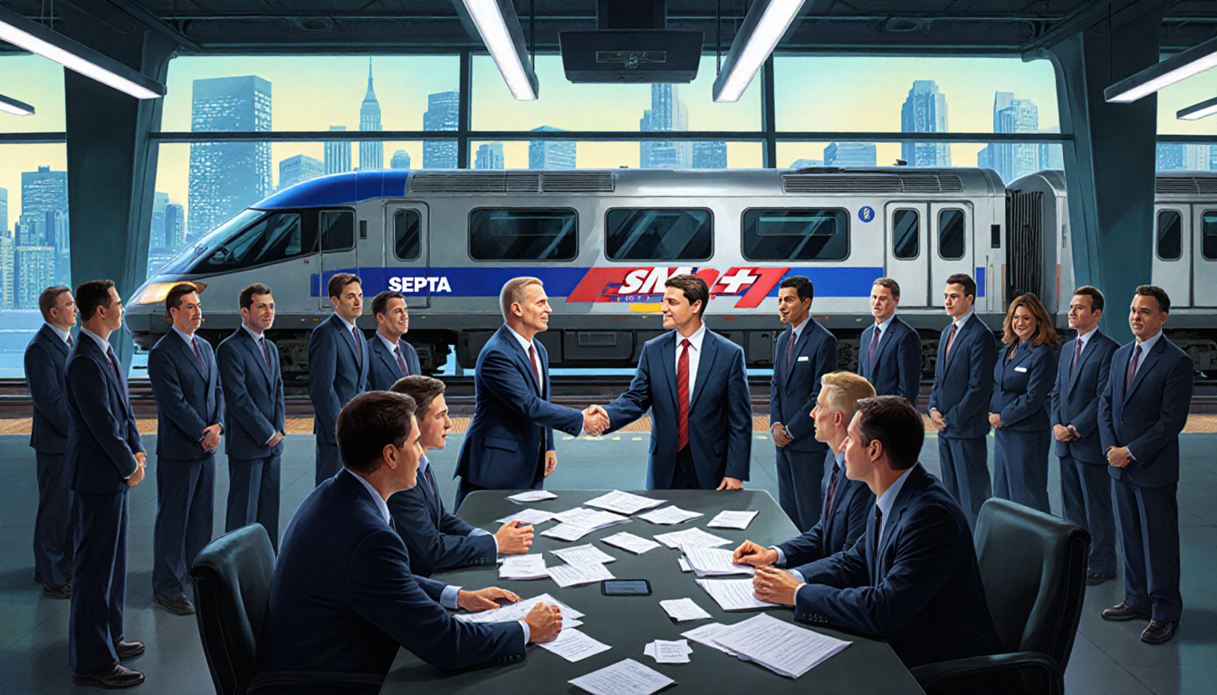 Union members shaking hands with SEPTA officials at a table with papers and a sleek train engine gleaming in the station
