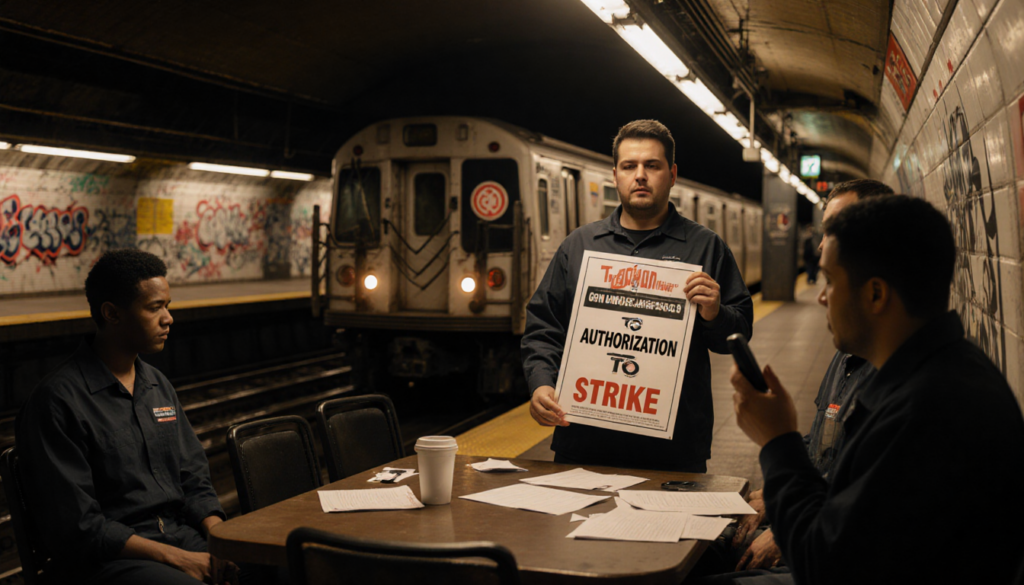 Union workers negotiating at table with authorization to strike poster and graffiti subway train in background
