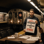 Union workers negotiating at table with authorization to strike poster and graffiti subway train in background