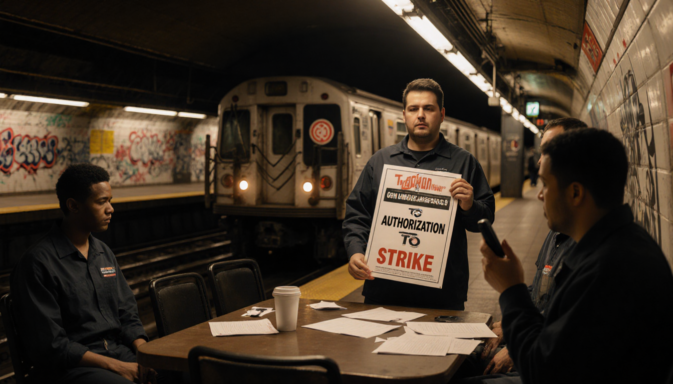 Union workers negotiating at table with authorization to strike poster and graffiti subway train in background