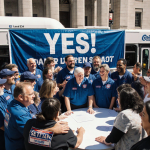 Union members hug after voting for contract with YES banner and a SEPTA bus near Philadelphia transit hub