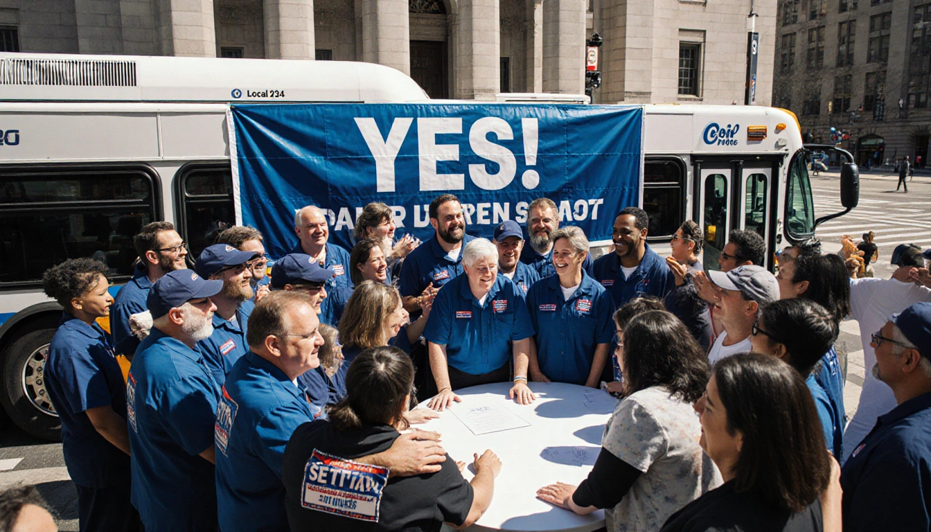 Union members hug after voting for contract with YES banner and a SEPTA bus near Philadelphia transit hub