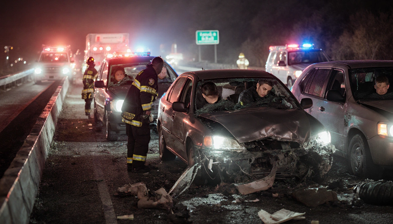 Trapped drivers in cars obscured by debris while emergency lights flash responders stand nearby