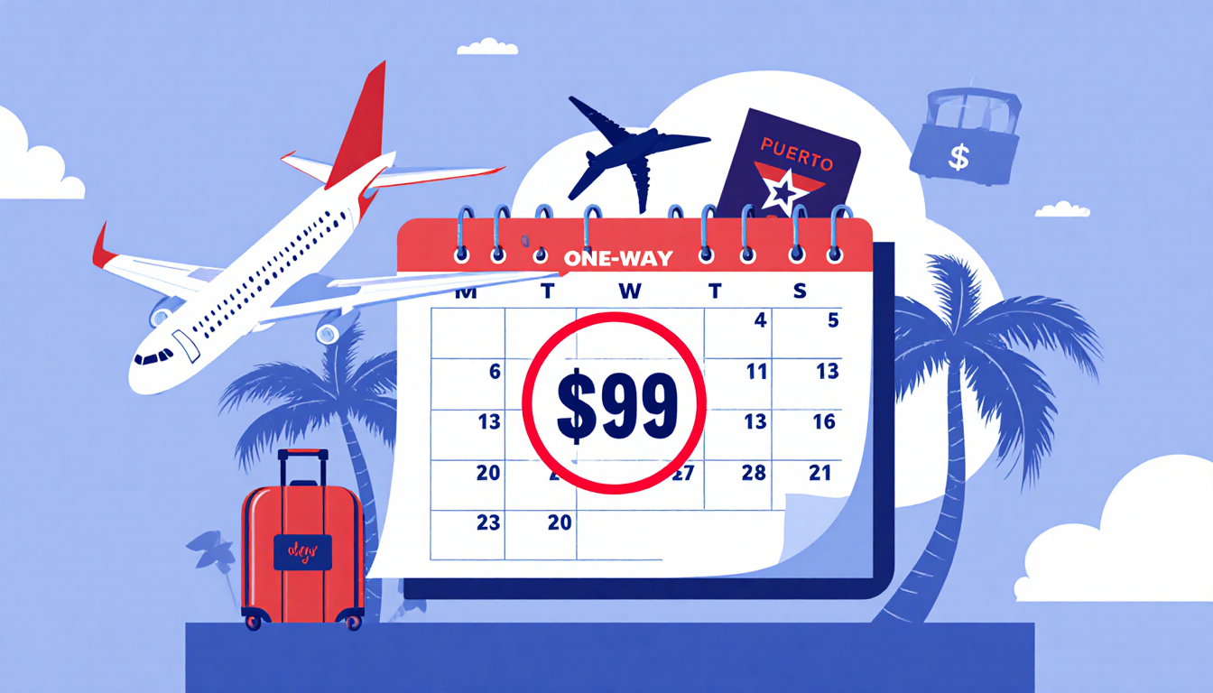 Calendar illustration showing $99 one-way fare with red circle and tropical Puerto Rico travel icons limited time only.