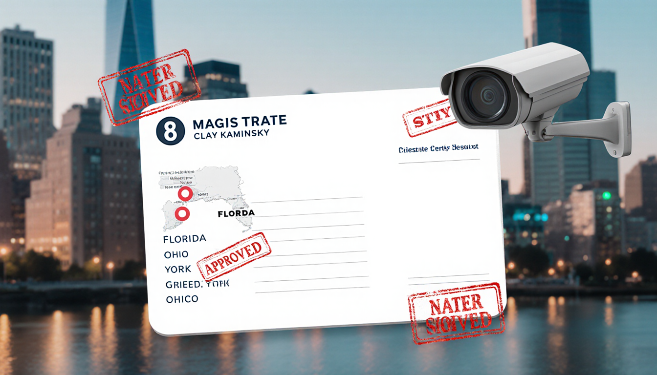 Illustrated boarding pass showing Florida Ohio and New York with approved stamps and blurred cityscape background