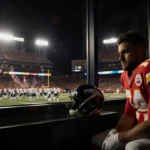 Travis Kelce sits on bench with helmet beside him and stadium lights on his reflective face as Broncos celebration glows.
