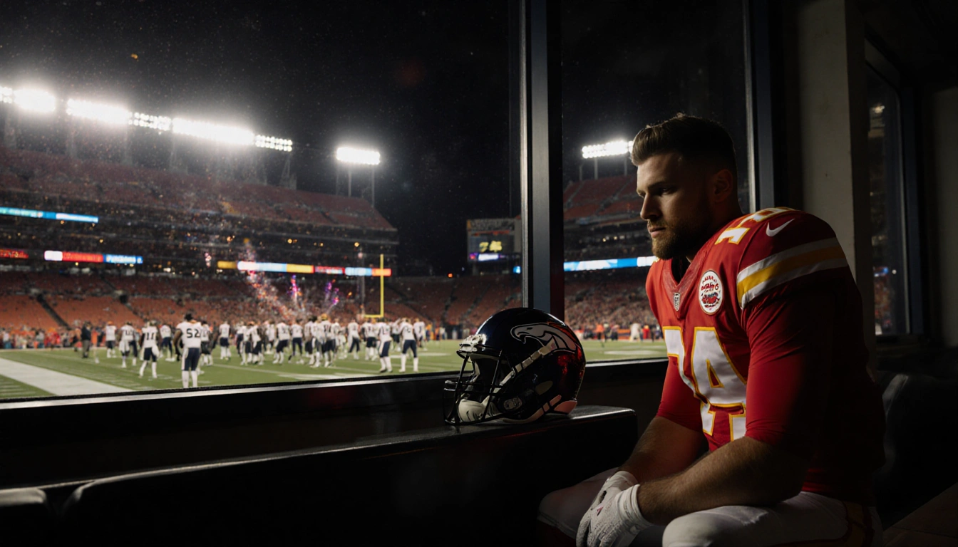Travis Kelce sits on bench with helmet beside him and stadium lights on his reflective face as Broncos celebration glows.