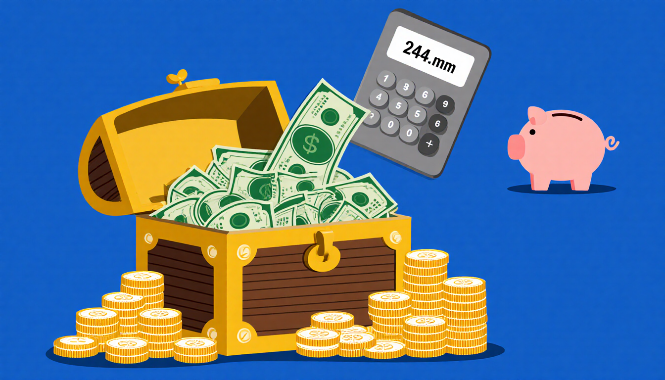 Tax withholding calculator pulls out cash from overflowing treasure chest with piggy bank in background