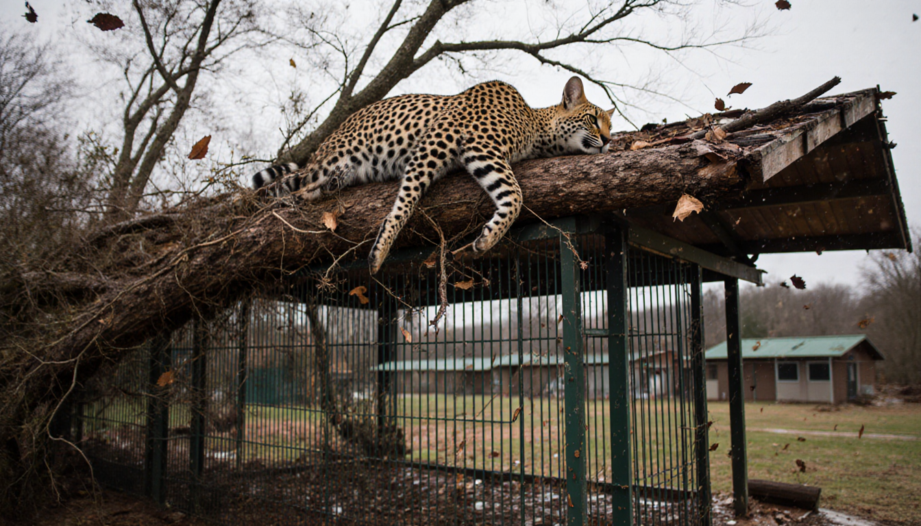 Tree trunk lying across roof with branches tangled in bars and wind blowing leaves onto structure wildlife background