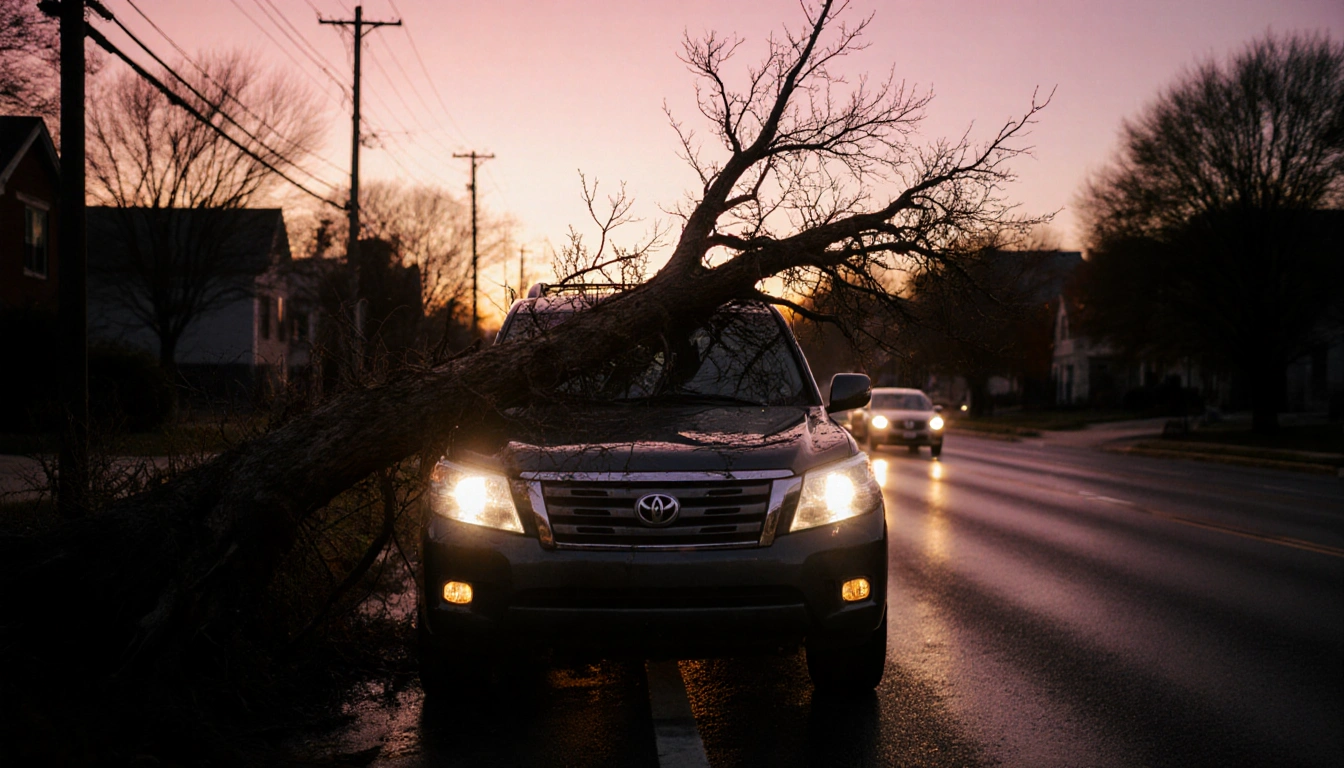 Large tree trunk sprawled over SUV hood with branches tangled around windshield wipers and headlights under dusk light.