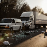 Chevrolet van crashes into Freightliner trailer with shattered glass and twisted metal debris on I‑295 highway