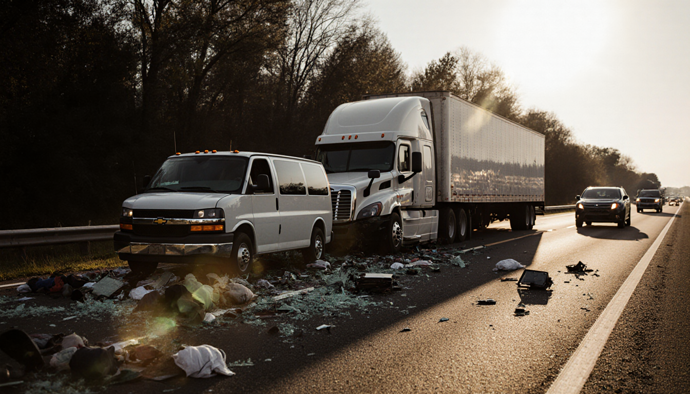 Chevrolet van crashes into Freightliner trailer with shattered glass and twisted metal debris on I‑295 highway