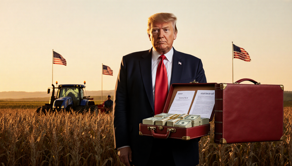 President Trump standing confidently with a red leather briefcase filled with cash amid golden cornfields